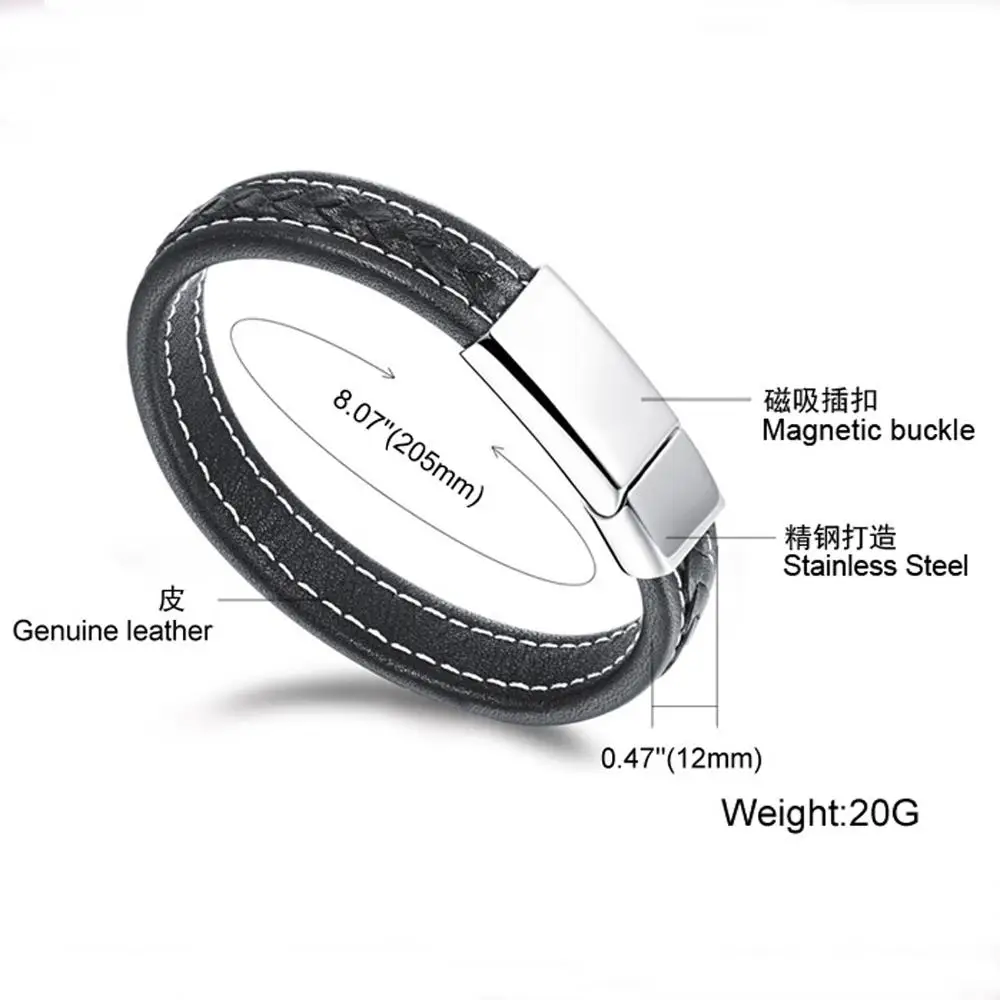 Новый классический стиль мужской черный кожаный браслет простой серебряный цвет