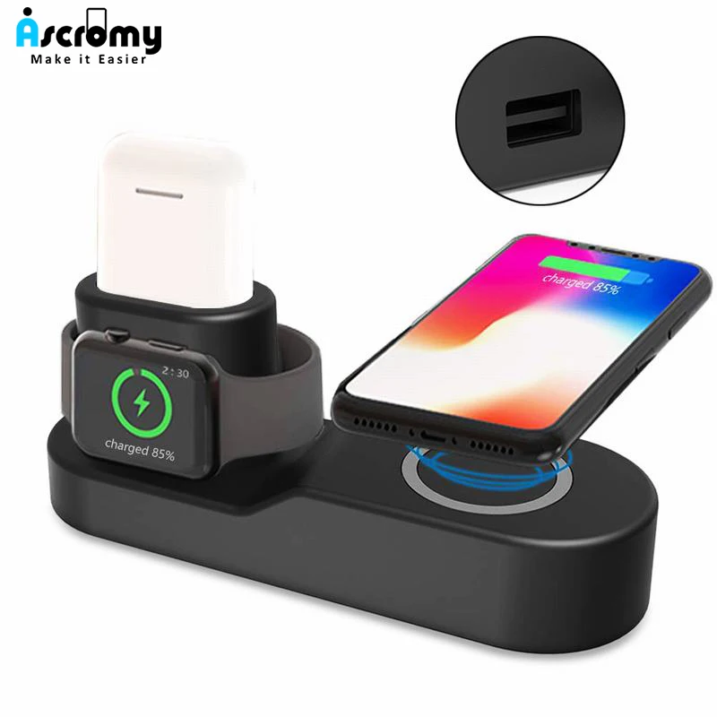 Ascromy быстрая Беспроводная зарядная станция 4 в 1 qi подставка USB порт для iPhone XS Max XR