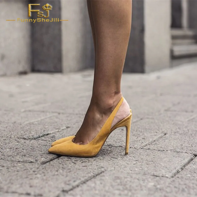 

FSJ Women Shoes Ladies Pumps Mustard Stiletto Heels Suede Pointy Toe Slingback 2108 Spring Autumn Big Size Shoes11 12 13