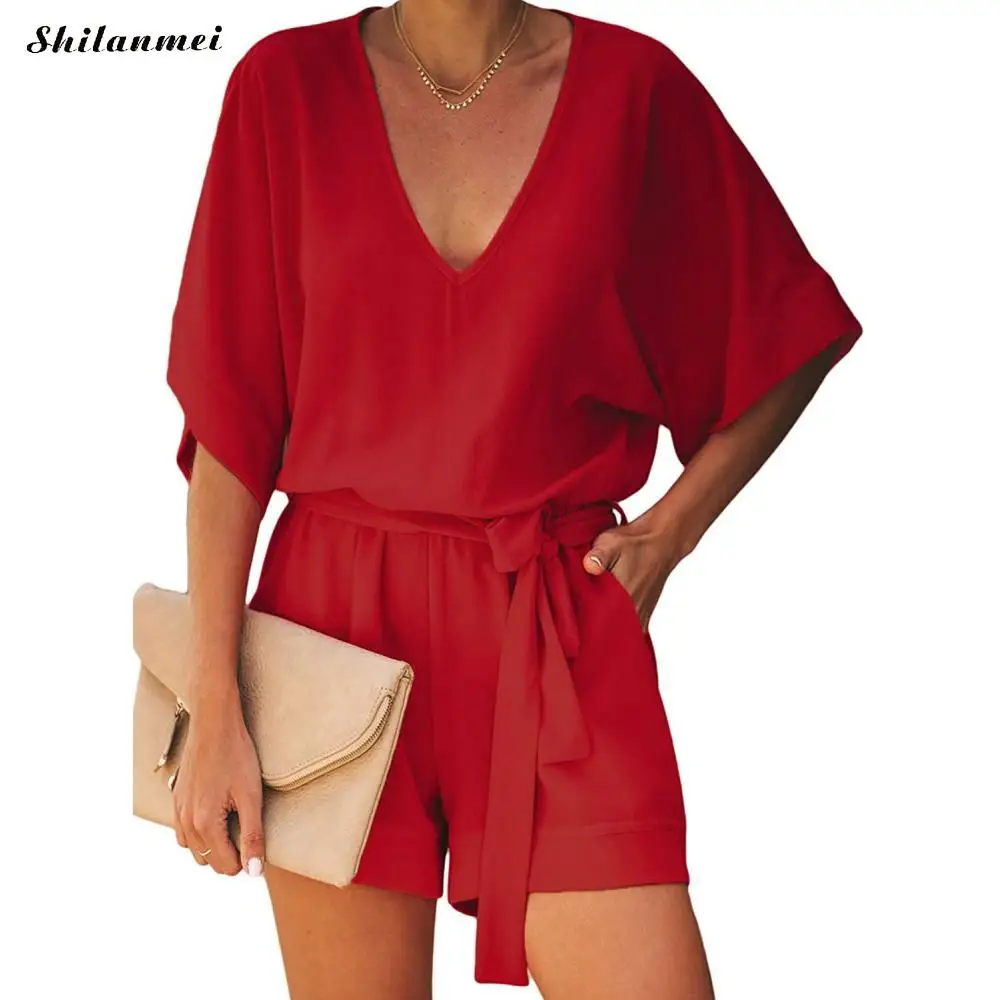 

Women Casual Loose Solid Jumpsuit Summer Playsuit Women Fashion V Neck Half Sleeve Beach Romper Belted Elegant Office Overalls