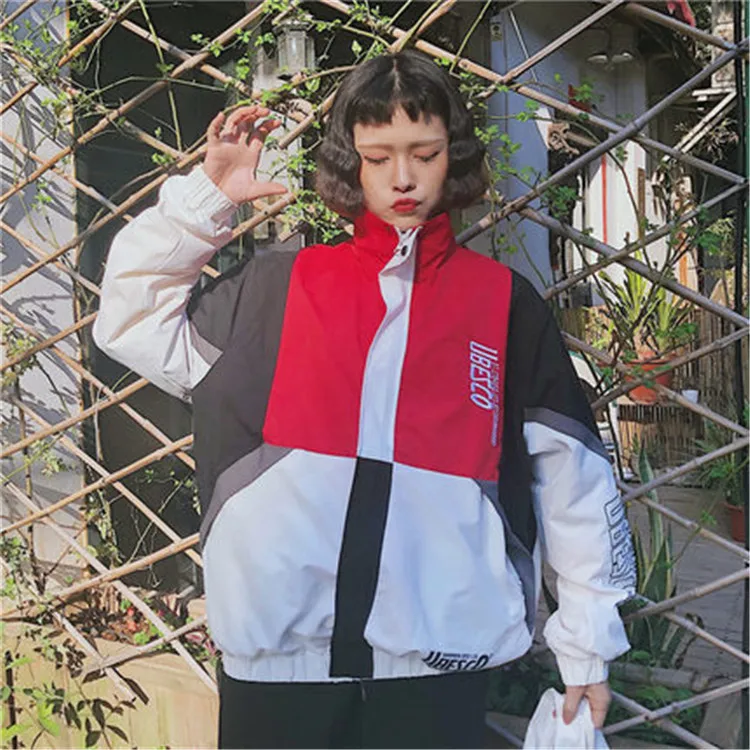 Spring autumn hip hop ulzzang Korean fashion Women's Clothing Harajuku loose Unisex letter print paneled turtleneck Coat Jackets | Женская