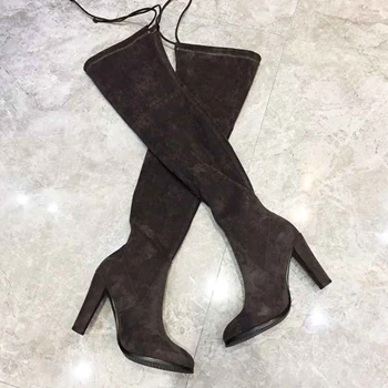 Dark Brown Chueyz/женские высокие сапоги женские ботфорты сапоги на высоком каблуке с круглым носком зимняя обувь из коровьей замши зимние сапоги размер 34-41 - Цвет: Dark Brown