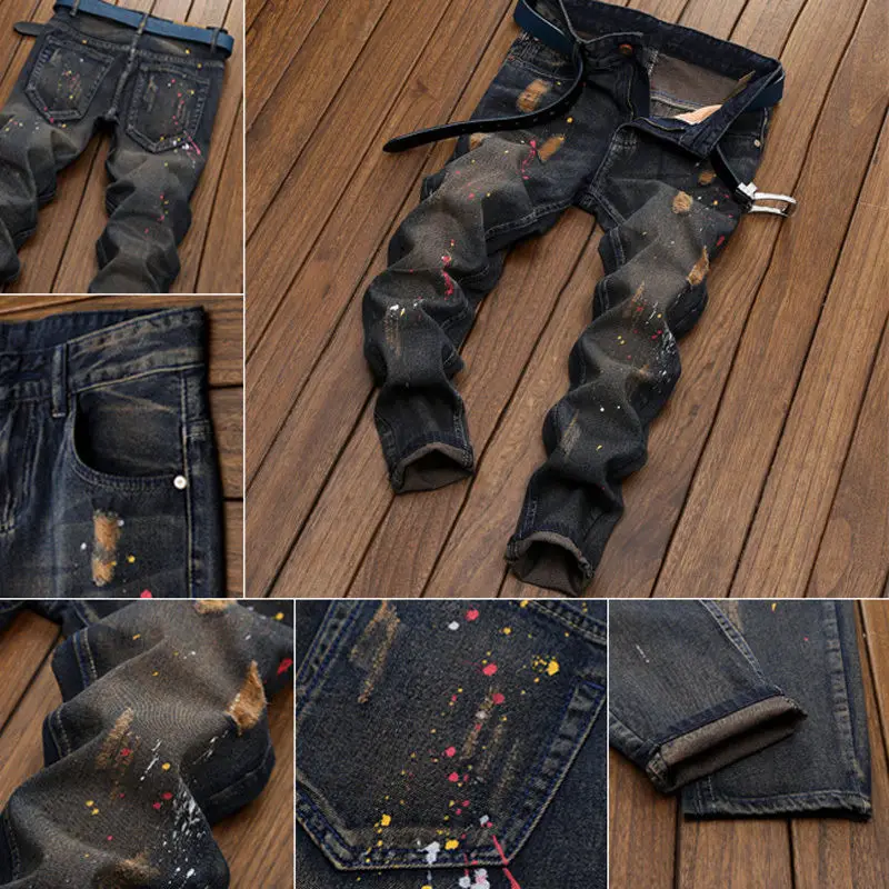 2018 Новая мода Для мужчин Эластичный Ripped Skinny Краски байкерские джинсы уничтожены