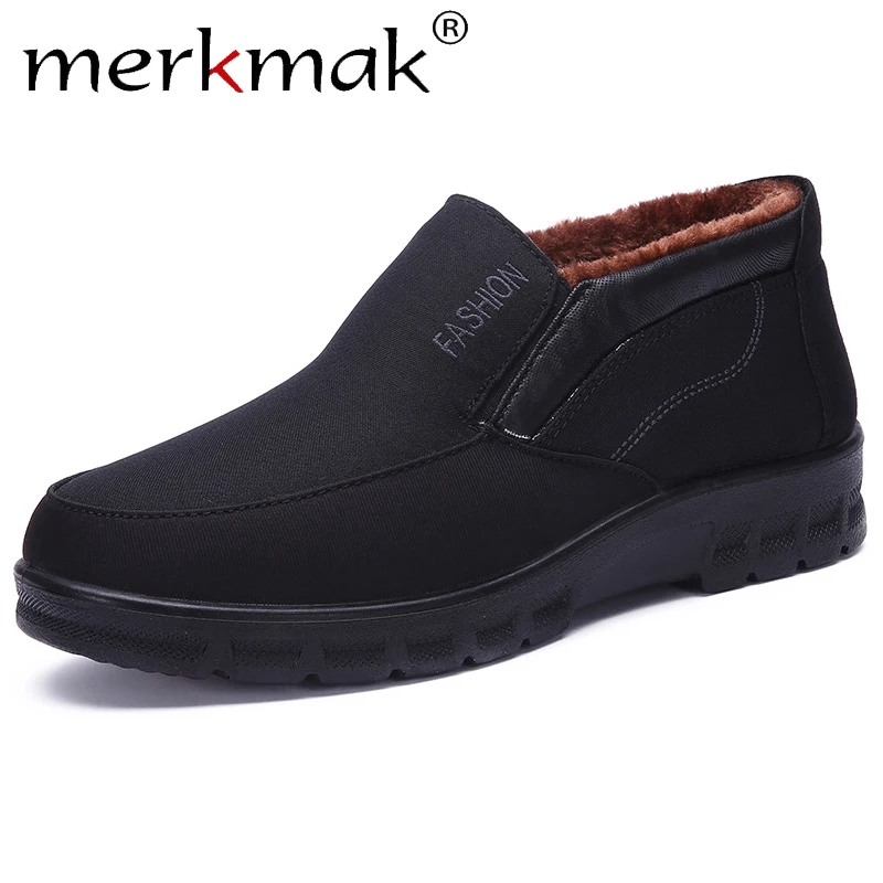 Merkmak/кожаные мужские ботинки до щиколотки; теплые короткие плюшевые ботинки без застежки больших Size38-48; удобная мужская повседневная обувь на нескользящей подошве