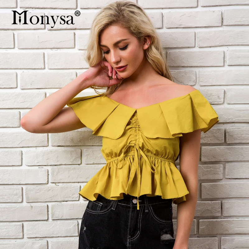 С открытыми плечами Женские топы и блузки 2018 НОВЫЕ ПОСТУПЛЕНИЯ Модные рюшами