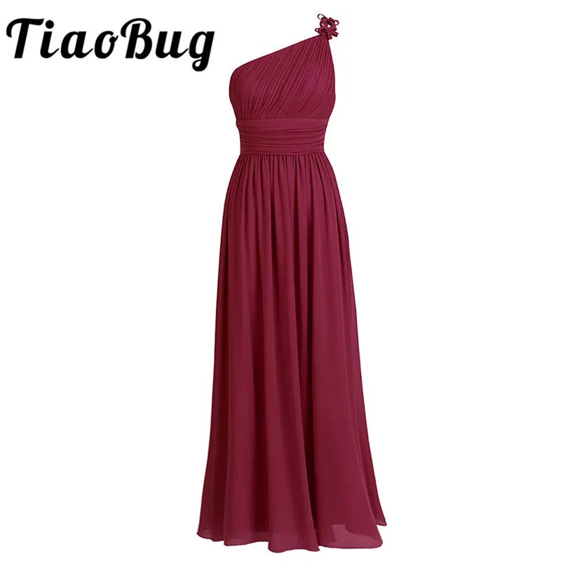 TiaoBug Long Chiffon Bridesmaid Dresses One Shoulder Beading Light Green Black Burgundy Dark Purple Gray Bridesmaid Dress Gown