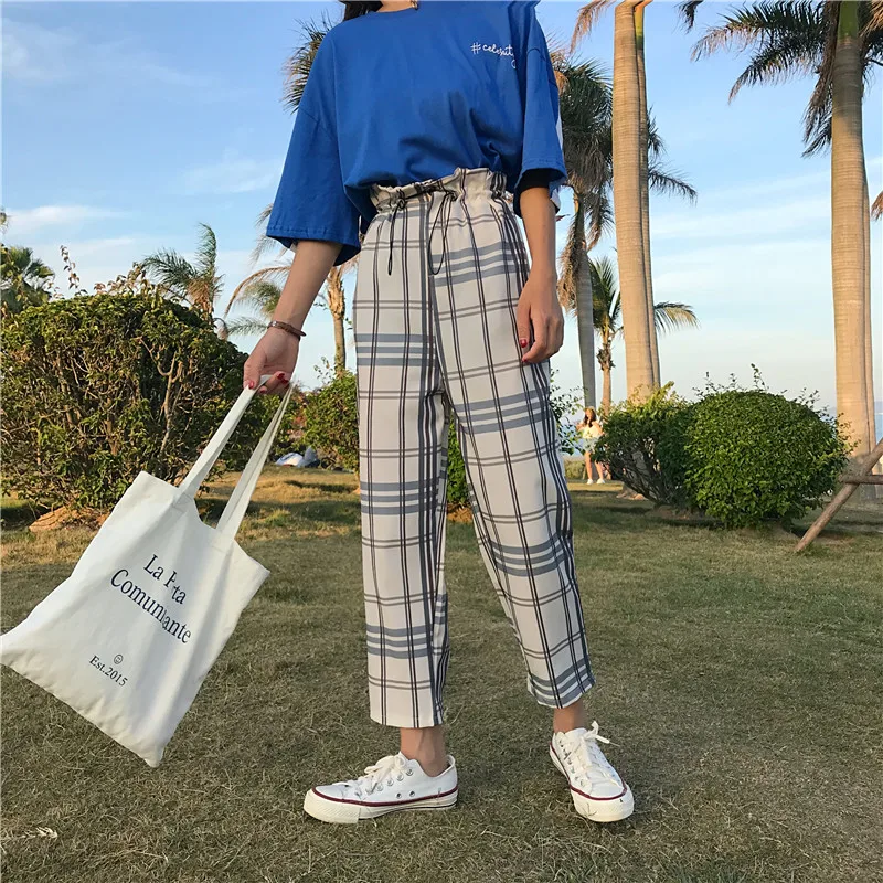 Женские свободные Брюки Laura's Store клетчатые брюки с широкими штанинами лето 2019 |