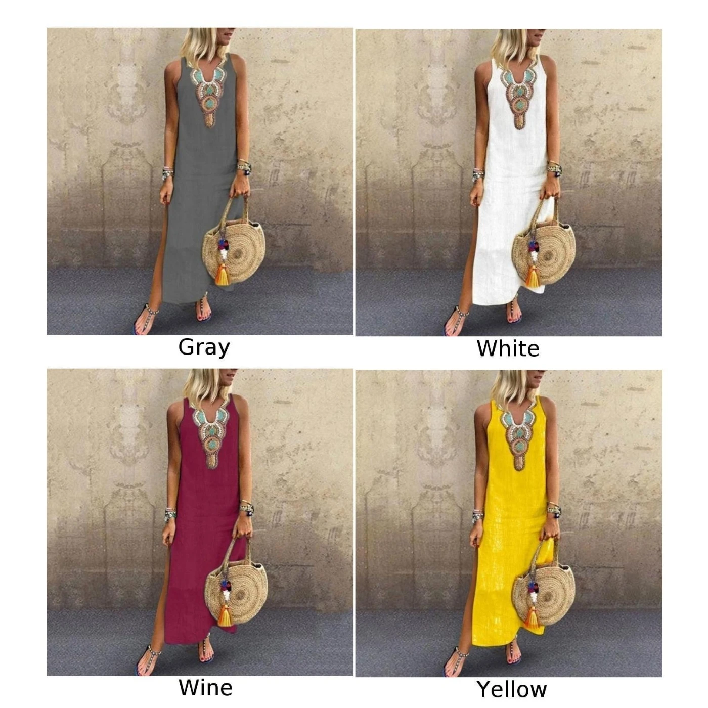 Женское Макси-платье в этническом стиле с v-образным вырезом без рукавов разрезом