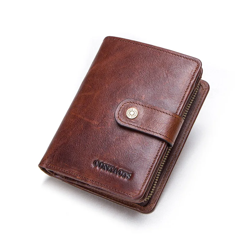 Мужские кошельки из натуральной кожи, портмоне на молнии, короткая мужская сумка для денег, гравировка, маленький кошелек, высокое качество, Rfid кошелек - Цвет: Brown