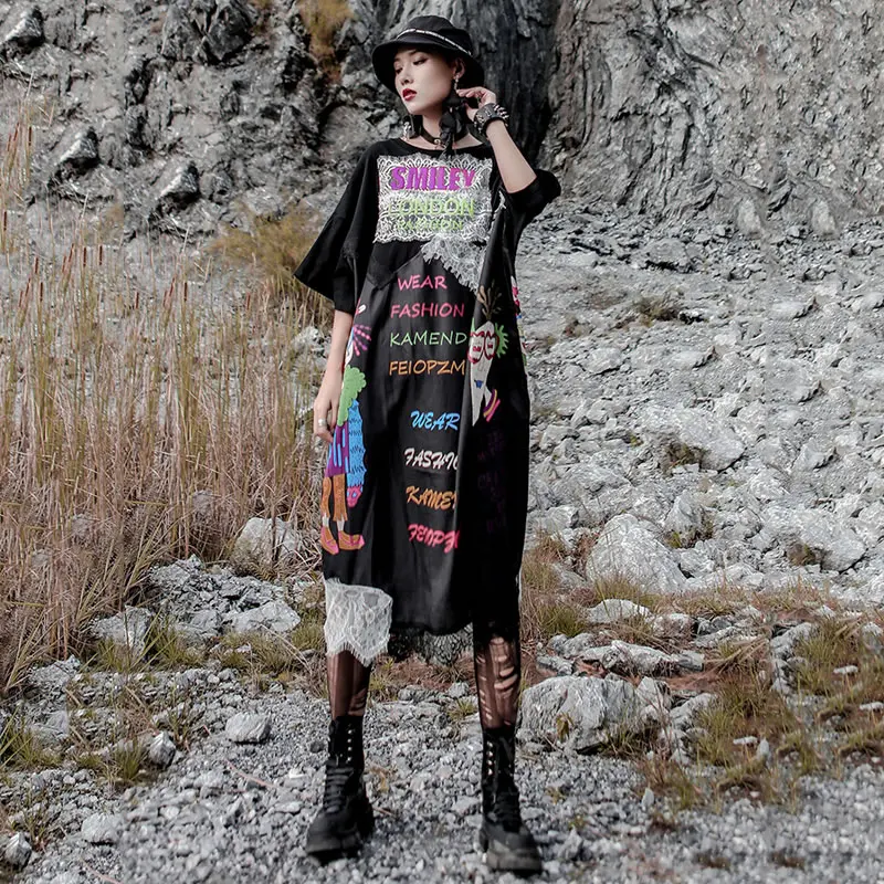 XITAO Street Lace Dress Women Clothes 2019 Notched Collar Irregular Print Letter Pattern Wild Joker Pullover Elegant WBB4191 | Женская