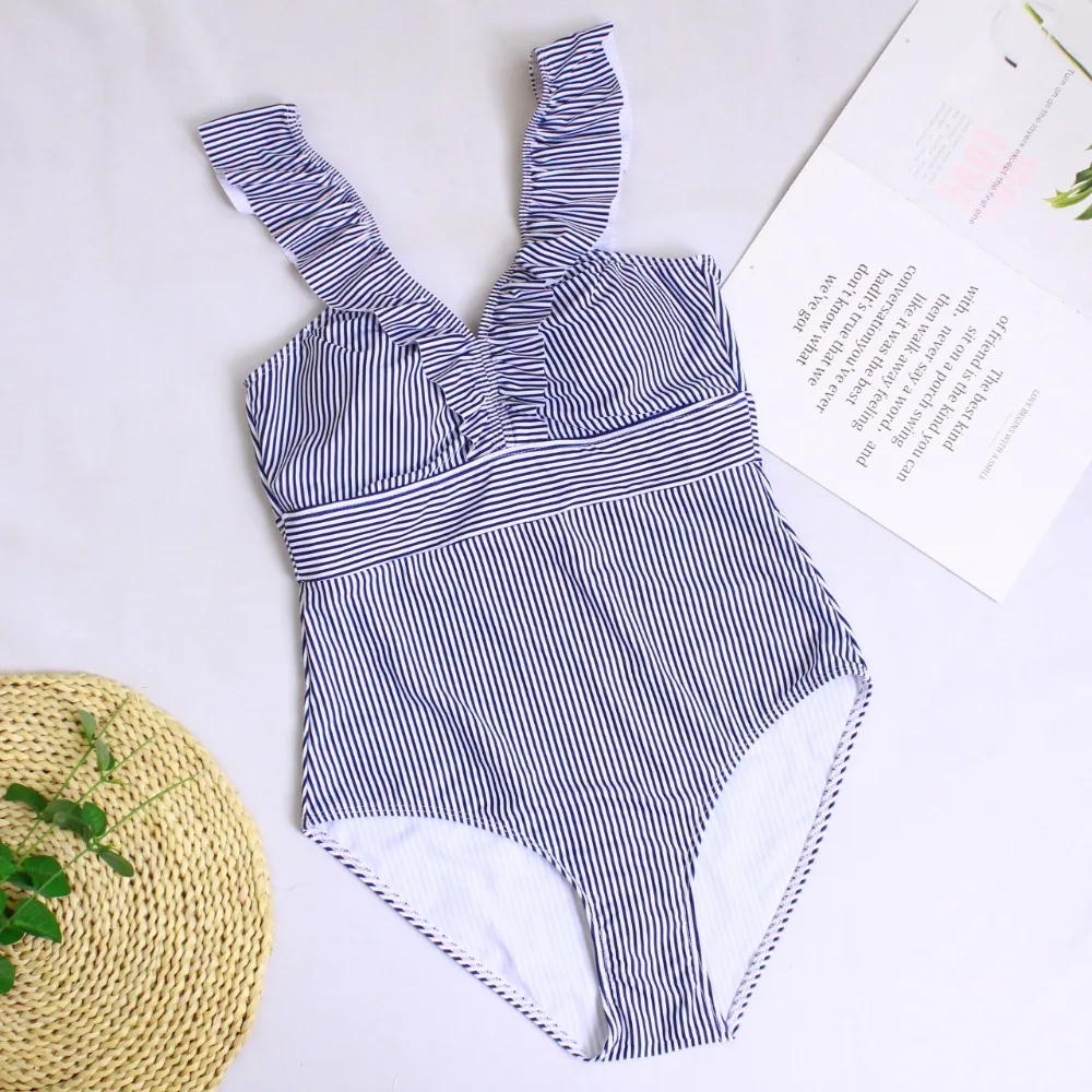 Женский слитный купальник с V образным вырезом в синюю полоску|Комбинезоны| |