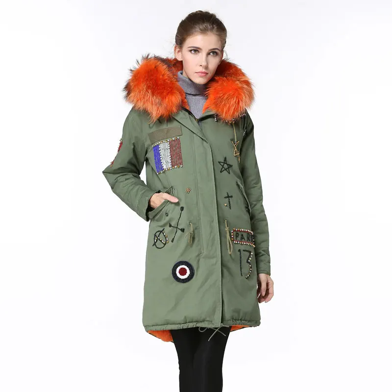 

Winter Parkas For This Winter Women Elegant Fur parkas Orange France beading Army green Jacket