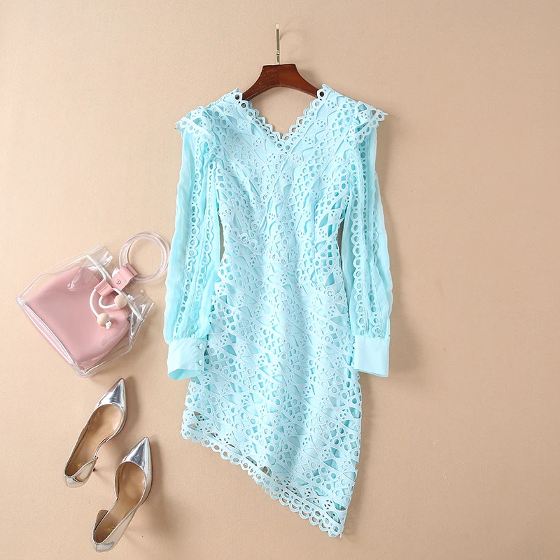 Женское асимметричное кружевное платье с длинным рукавом V_neck короткое выше