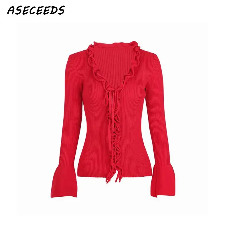 Корейский женский кардиган осень Винтаж черный красный каваи милый с оборками