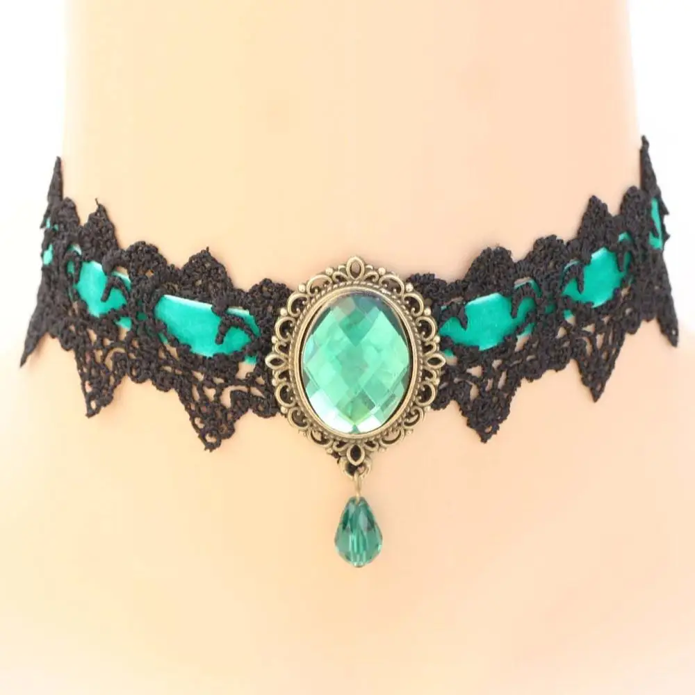 dark green Модный женский винтажный, готический, в стиле панк Викторианский кулон ожерелье ювелирные изделия кружевной воротник колье кристалл - Окраска металла: dark green