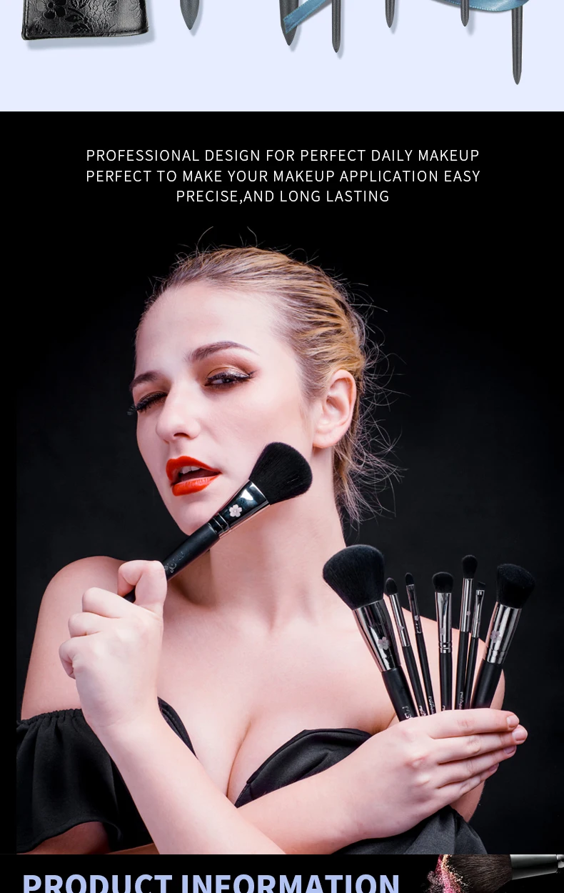 MSQ Pro 10 шт. набор кистей для макияжа, медный наконечник, пудра, основа для макияжа, тени для век, подводка для глаз, Кисть для макияжа, инструмент с чехлом из искусственной кожи