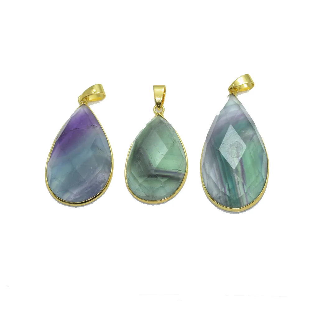 

Natural stone jewelry chakra fluorite pendant women 2021 amulet reiki larger gold point stone crystals rainbow water drop big