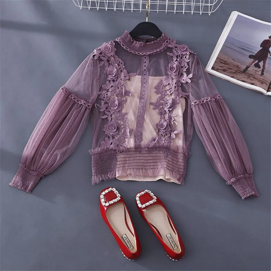 Женская прозрачная блузка элегантная кружевная с цветочным принтом топы для