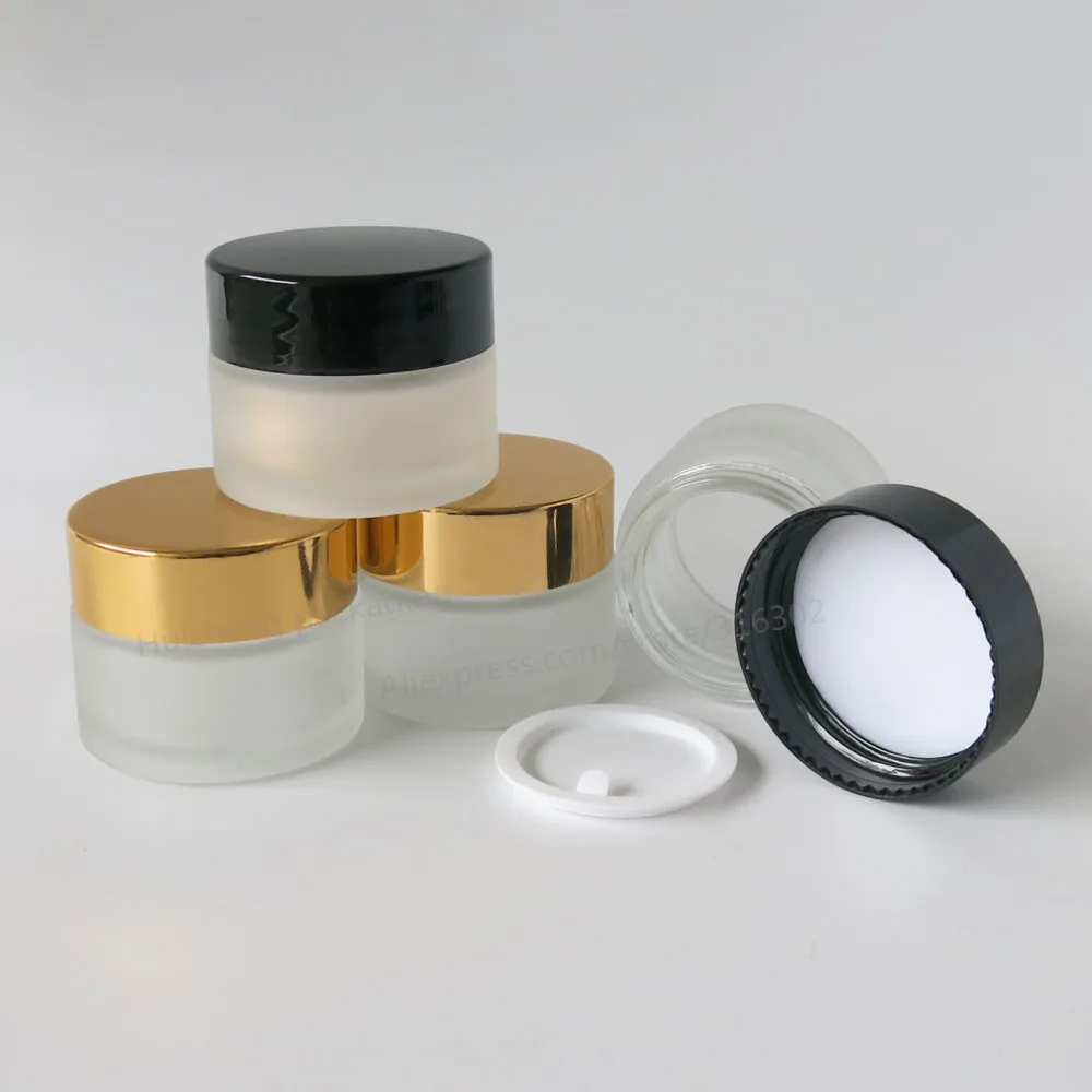 

200 x 15 Frost Glass Cream Jar With White Seal Gold Black Lids For Cosmetic Use 1/2oz Make Up Container