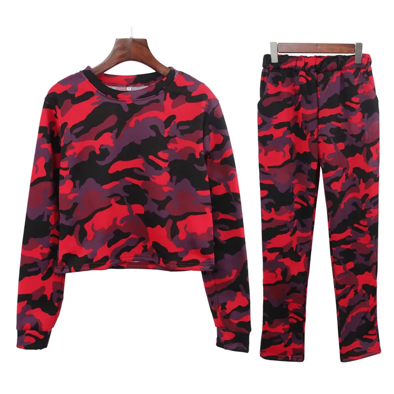 Ladies Stes Red Camo Print Fine Knit Rounded Neckline Top Conjunto Feminino Ensemble Femme 2 Pieces Pantalon Fashion | Женская одежда