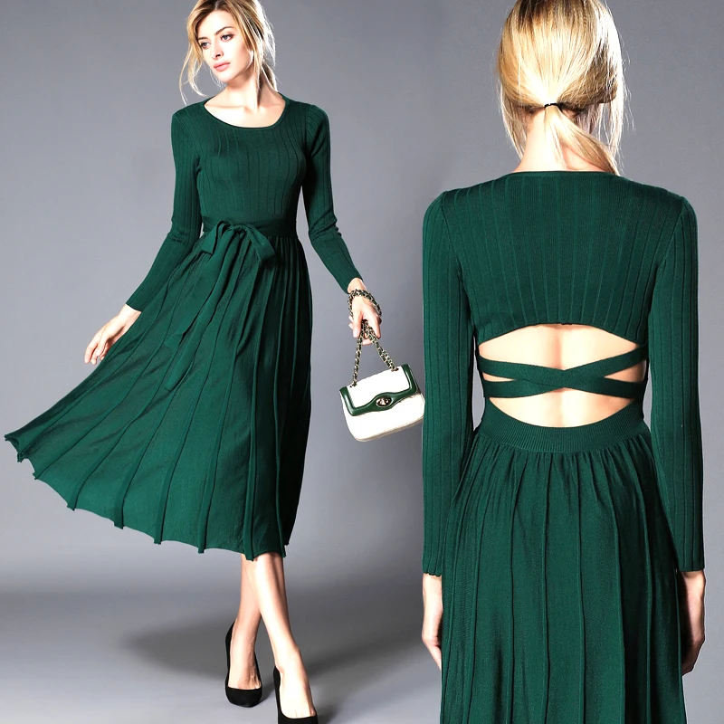 Женское трикотажное платье свитер с длинным рукавом и открытой спиной|dress robe|robe