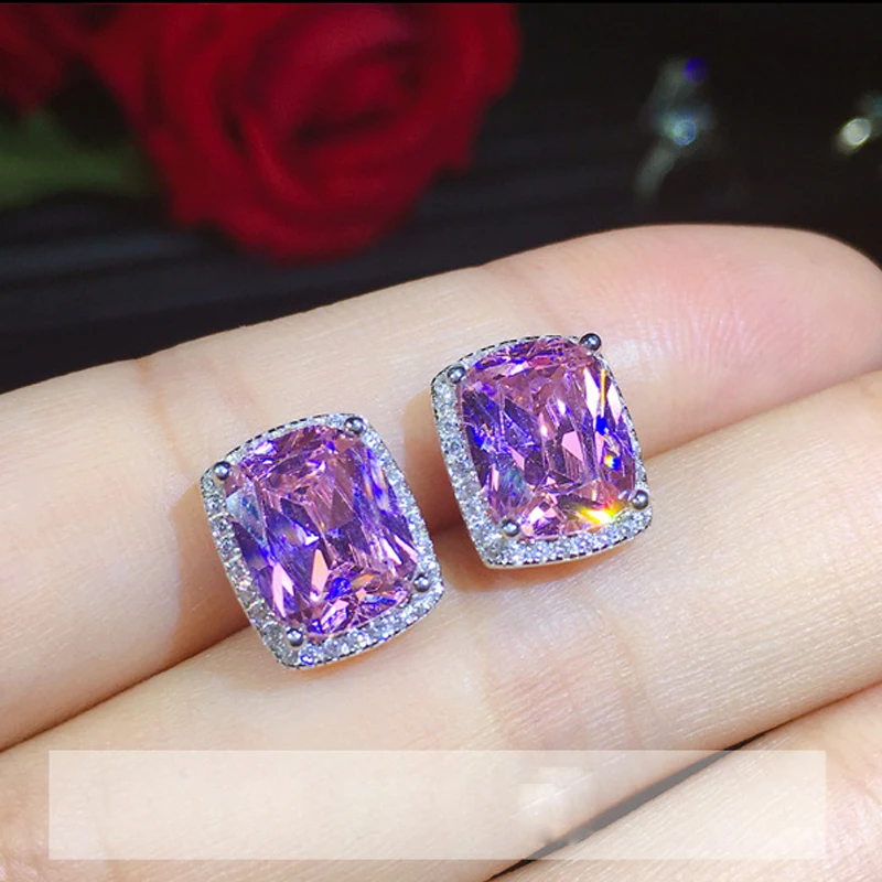 

Gorgeous Pink Crystal 925 Sterling Silver Stud Earrings Fashion Women Jewelry Princess Cubic Zirconia Earring Accessory