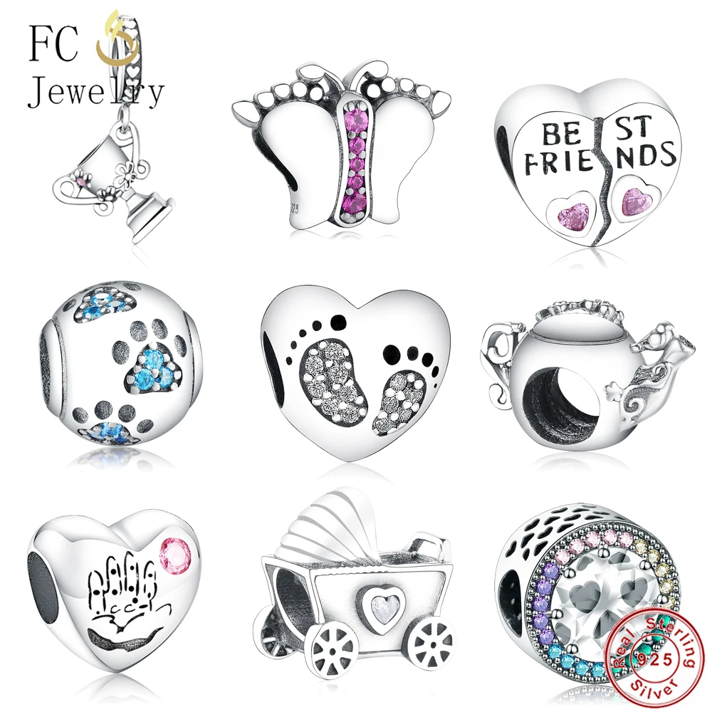Подвеска в виде сердца для детской ноги, серебро 925 пробы, браслет Pandora, серебро 925, для мамы, сделай сам, ювелирное изделие Berloque