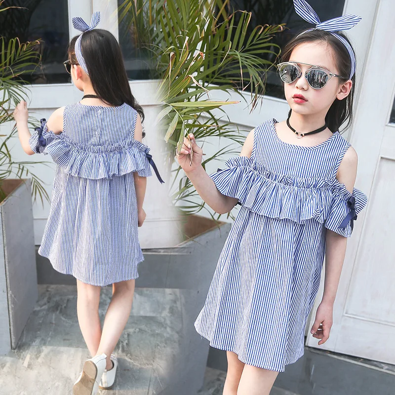 Летние платья в полоску для маленьких девочек платье с открытыми плечами детское