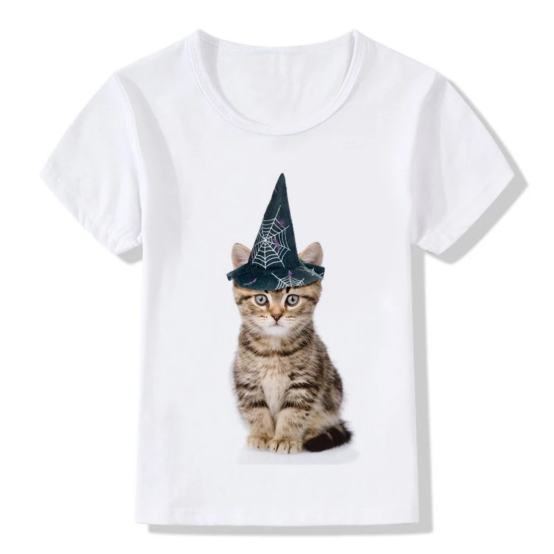 Летние топы детские футболки модные забавные 3D Хэллоуин Автоспуск Cat для девочек