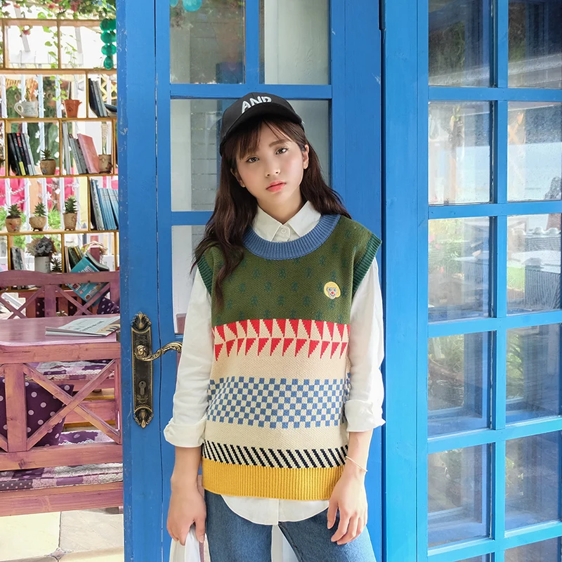 Korean Institute Wind Retro Color Patchwork Printed Cute Sweater Vest Womens Casual Round Neck Loose Knit Pullovers Jumpers | Женская