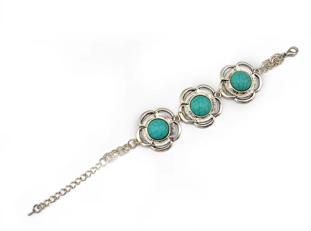 Vintage Charm Flower Turquoise Bracelet Bangles Bohemian Tibetan Silver Retro Tribal Women Girl Festival Gift Cheap Jewelry | Украшения и