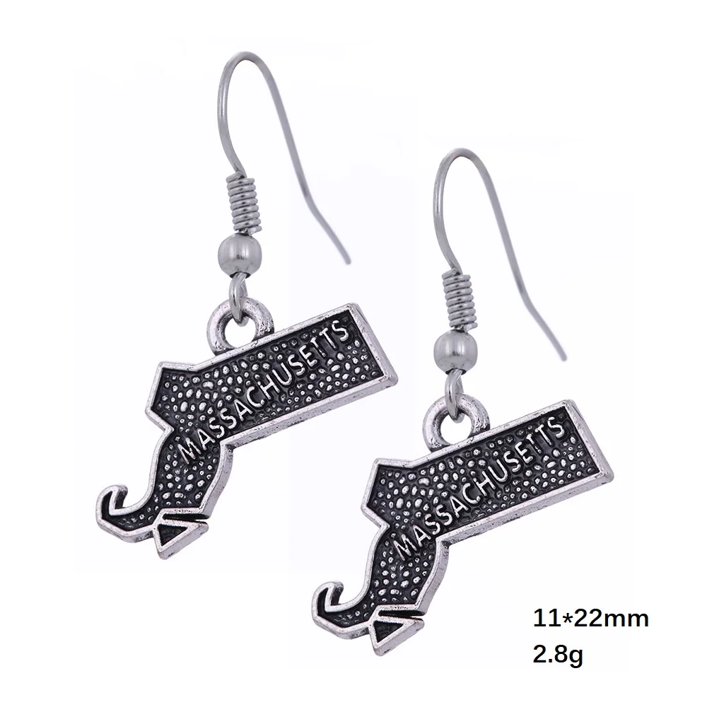 Fishhook USA State Map Earring MASSACHUSETTS And Pendants Outline Charm Antique Silver Color Charms Gifts | Украшения и