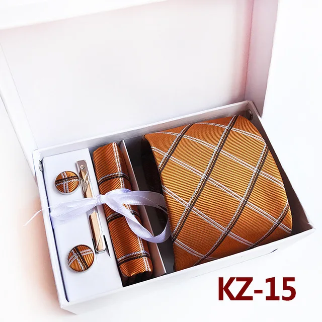 KZ15 Клетчатый Мужской комплект галстуков свадебный платок запонки зажим для галстука вечерние галстук карман квадратная коробка подарок - Цвет: KZ15