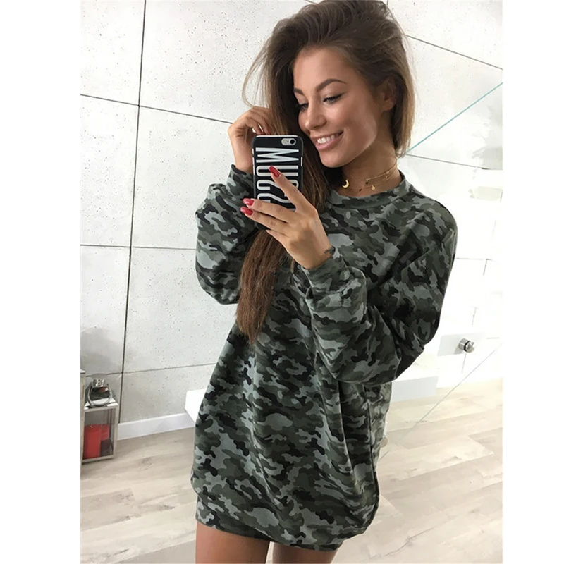 Женское платье с капюшоном Осенний джемпер длинным рукавом мини камуфляжным