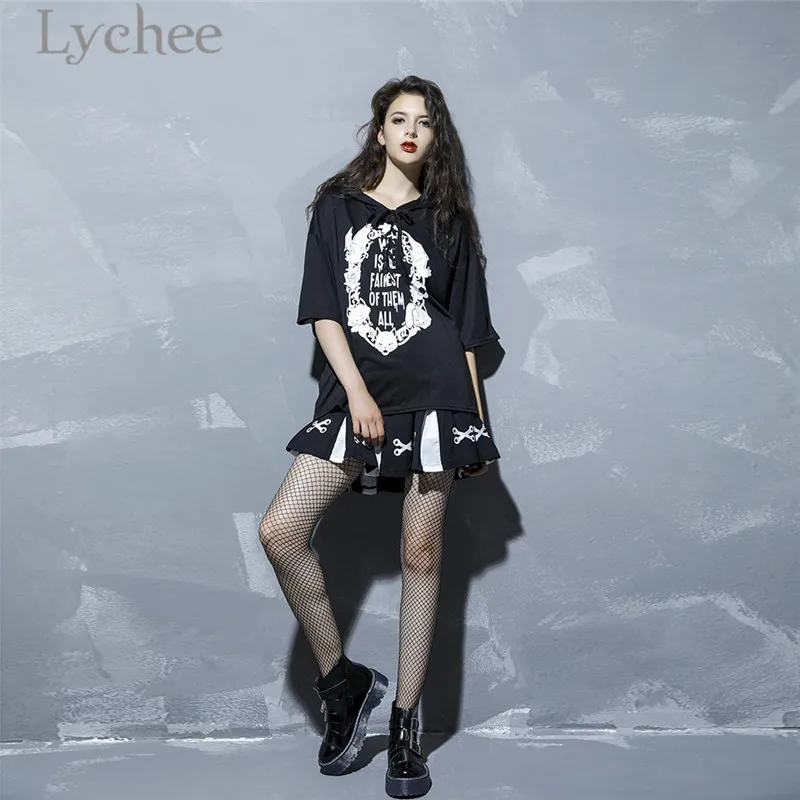 Женская футболка Lychee в стиле Харадзюку с зеркальным принтом кошки кружевным