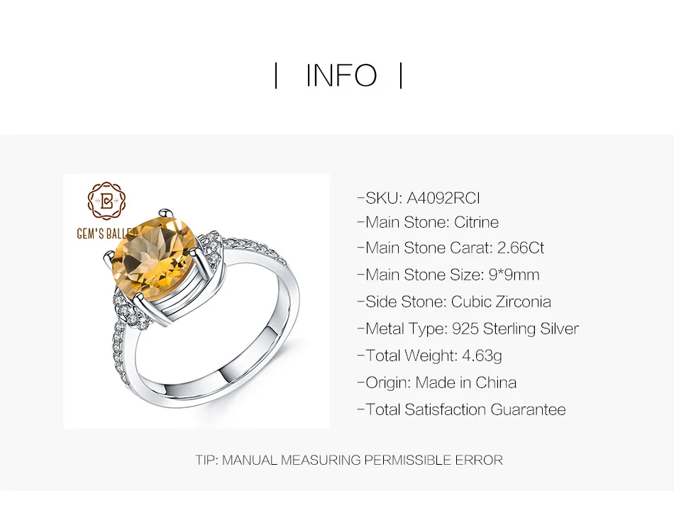 GEM'S BALLET 2.66Ct натуральный цитрин драгоценный камень кольца твердые круглые 925 пробы Серебряное кольцо Трендовое хорошее ювелирное изделие для женщин подарок