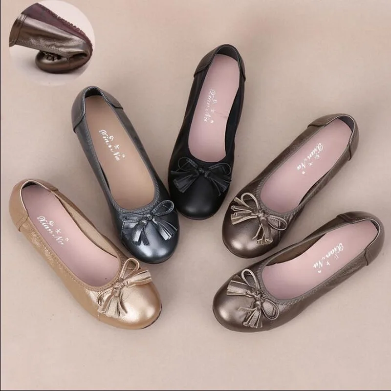Spring Autumn Genuine Leather Slip On Ballet Flats Shoes Women Loafers Women Fashion Bow Single Shoes Size #34-43
