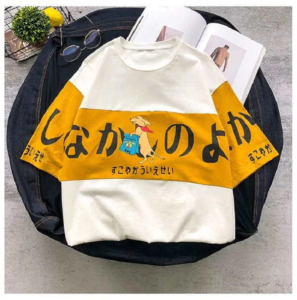 Ulzzang, летние милые японские топы с рисунками из мультфильмов, новинка, Harajuku, женская, три четверти, Корея, большой размер, свободная, повседневная, забавная, хлопковая футболка - Цвет: 2