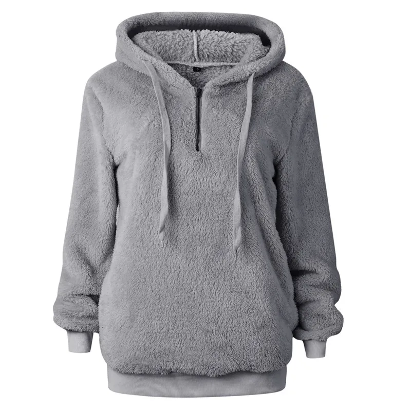 light gray Nadafair, искусственный Пушистый Плюшевый худи с капюшоном, Женская Осенняя Толстовка с длинным рукавом на молнии, мохнатый шнурок, зимние свитшоты для женщин - Цвет: light gray