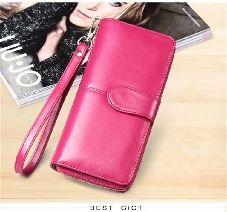 Rose red Женский кошелек, длинный, однотонный, женский, bayan cuzdan porte feuille femme, кошельки, кошелек,, женский, из натуральной кожи, billetera mujer - Цвет: Rose red