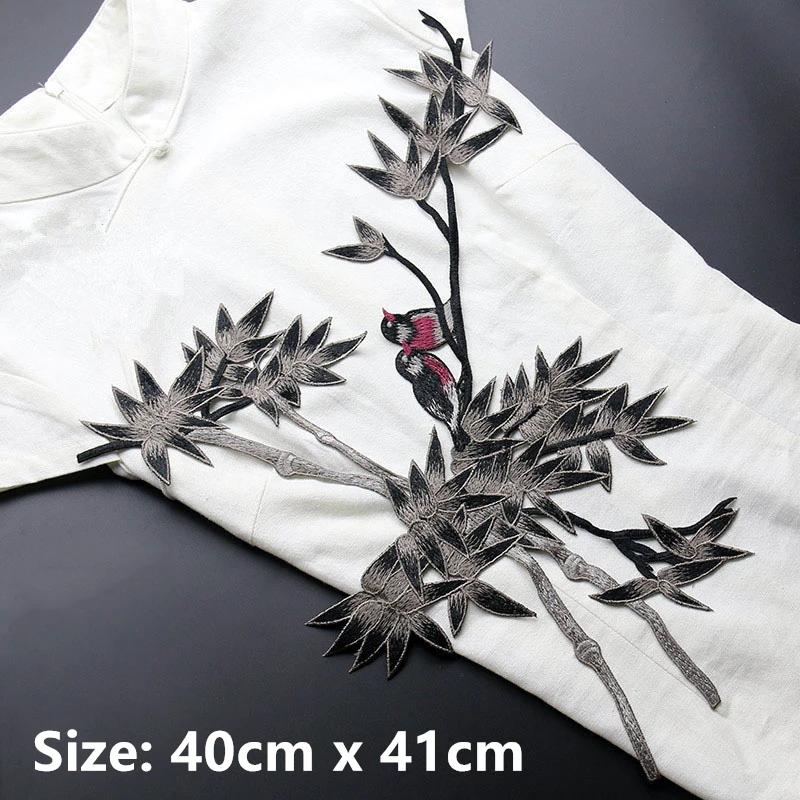 

1 Piece High Quality Large Size Ink Color Embroidered Bamboo Patches for Clothes Sew On DIY Applique Embroidery Bird Patch