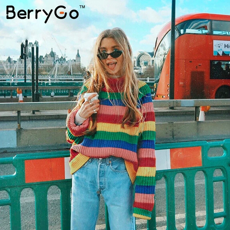 BerryGo/модный Радужный свитер с рукавами летучая мышь элегантные женские пуловеры