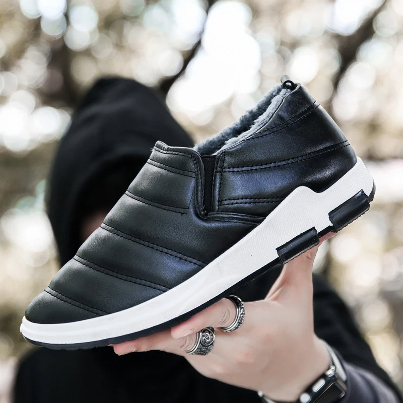 New Winter Men Shoes Cotton Warm Casual Water-Resistant Plush Sneakers for PU Leather Flats Adult Footwear | Обувь