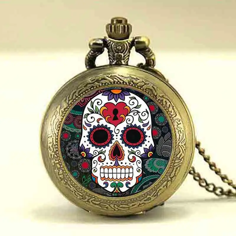 Античная бронза Винтаж Череп Скелет карманные часы ожерелье череп кварцевые