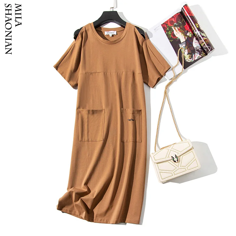 Однотонное платье цвета хаки с карманами и открытыми плечами женское свободное