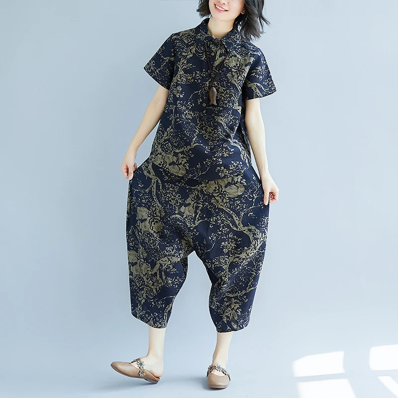 2019 Summer New Two-Piece Sets Vintage Printed Cotton and Linen Suit Loose Short Sleeve Top Pants Fashion Plus size Female |