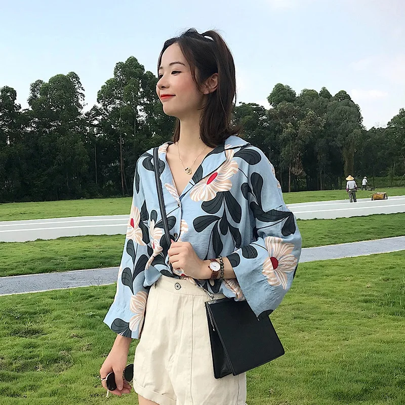 Women V-neck Flower Printed Loose Blouses Elegant Ladies Batwing Long Sleeve Fashion Casual Vacation Shirt Clothing |