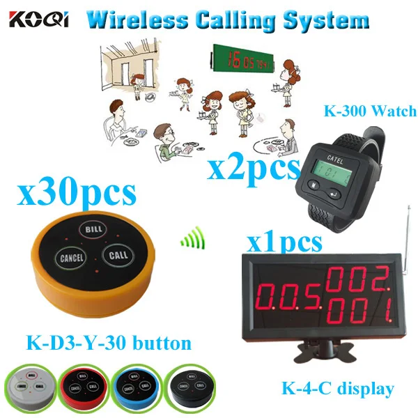 Wireless Service Calling System Restaurant with monitor button watch pager (1 display receiver+ 2 +30 table bell button) | Компьютеры и