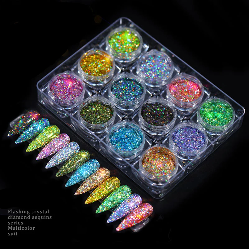 1 Set 12 Pots Holographic Platinum Nail Art Glitter Mix Flakes Sparkle Sequins Manicure Dust Laser Powder Nail Gel Decorations