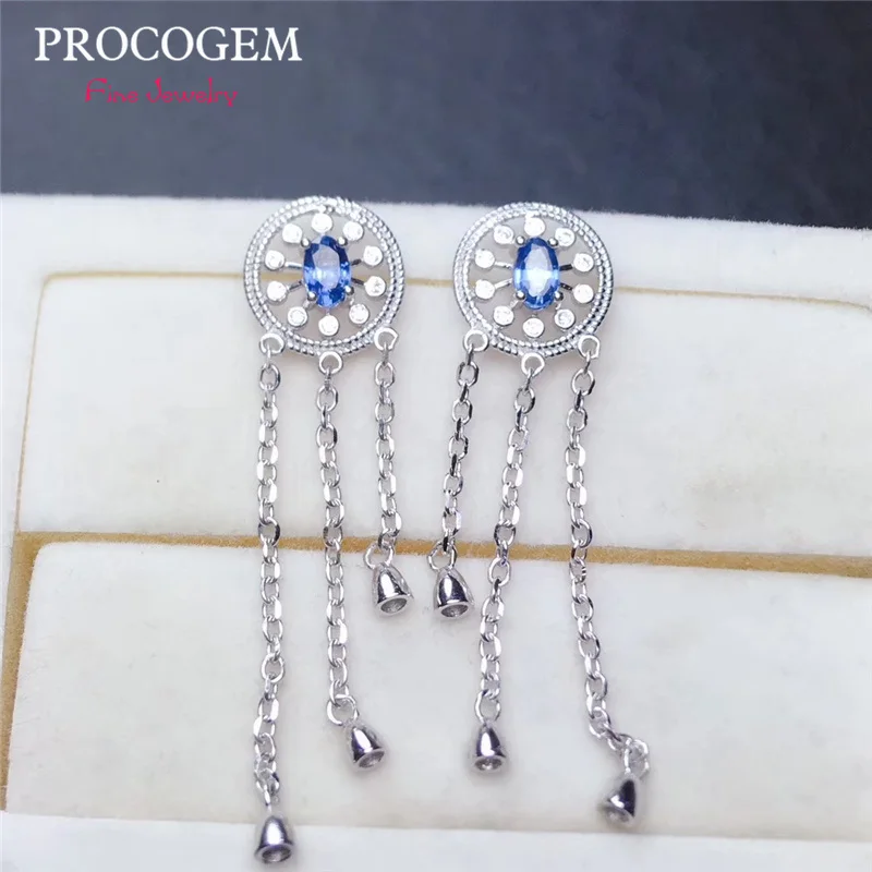 Женские серьги подвески с натуральным сапфиром серебро 925 пробы